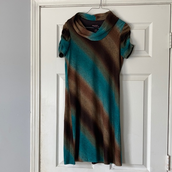 Signature by Bobbi Bee brown blue sweater cowl neck midi short sleeved dress - Picture 1 of 17